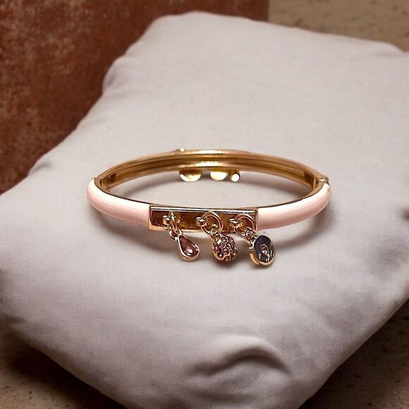 Pink Purple Rhinestone Gold Tone Dangle Clamper Bangle Bracelet NWOT - Picture 1 of 4